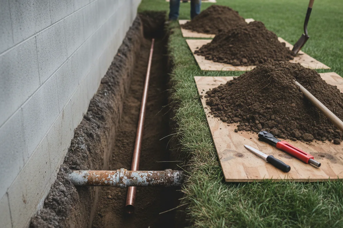 Excavated water line trench during Sewer Line Repair in Franklin Park